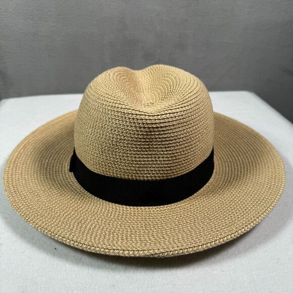 Panama Hat Straw Unisex OS Tan Black Band Fedora Sun Shade Beach Boho Preppy - Picture 5 of 7